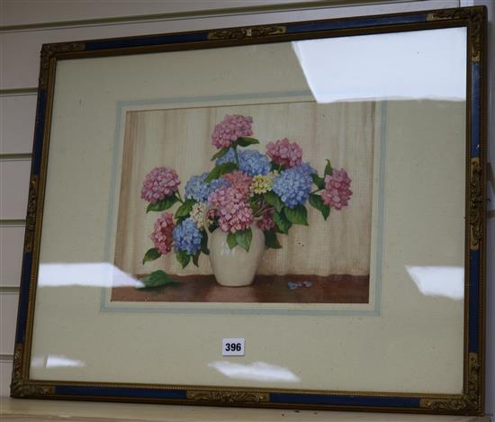 William Affleck (1868-1943) aka William Carruthers, watercolour, still life of hydrangeas in a jug